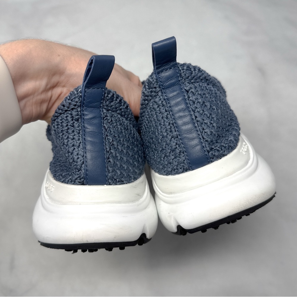 Tod's Kate Crochet Technical Knit Leather Slip On Sneaker Shoes Blue Athleisure - Picture 10 of 15